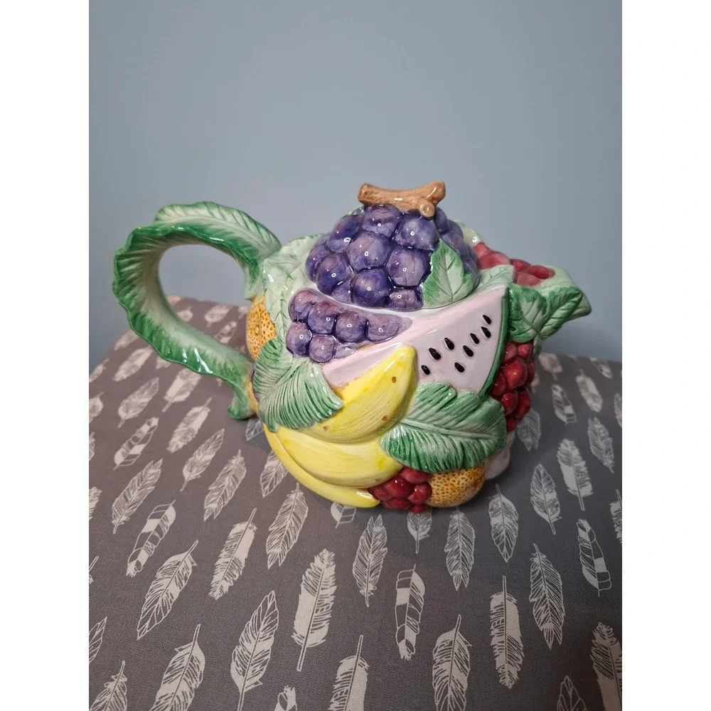 Vintage Fitz and Floyd Calypso Fruit Teapot 40oz Ceramic Grapes Watermelon